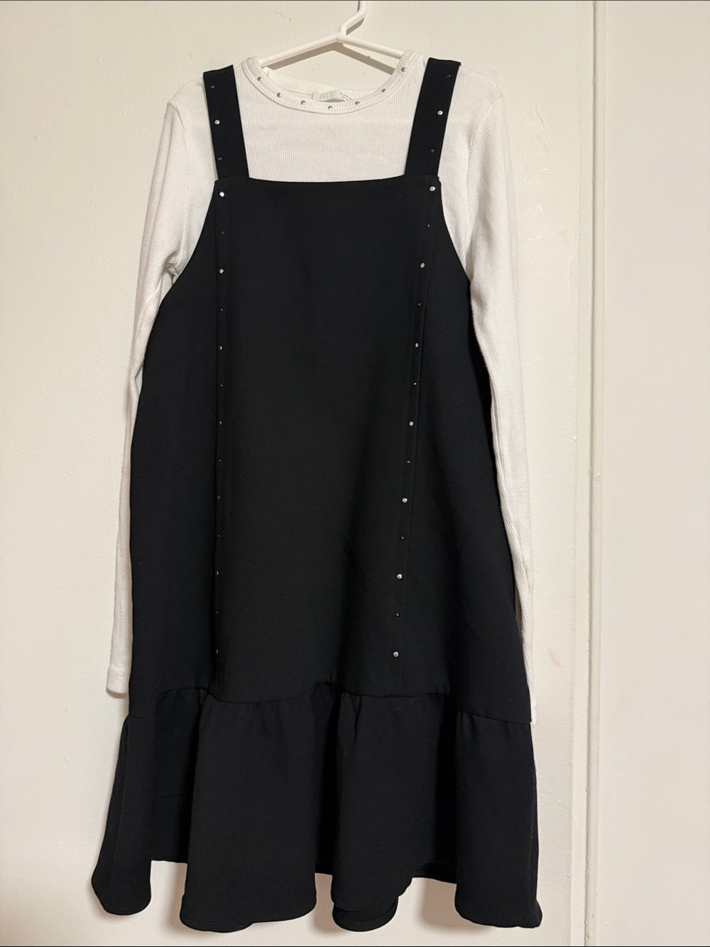 Girls Black Pinafore Dress with Stud Detail